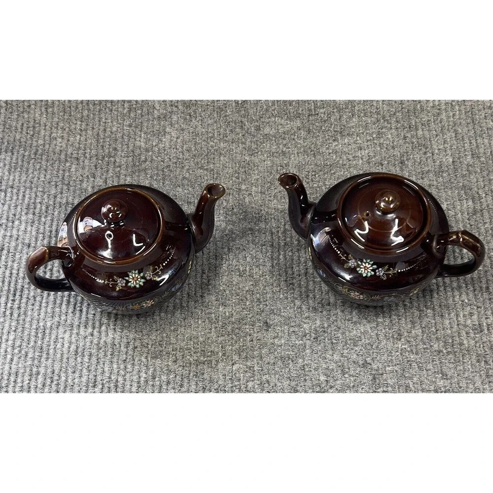Redware Teapots Dark Brown HandPainted  Moriage Enamel Floral Japan Set Of 2 VTG